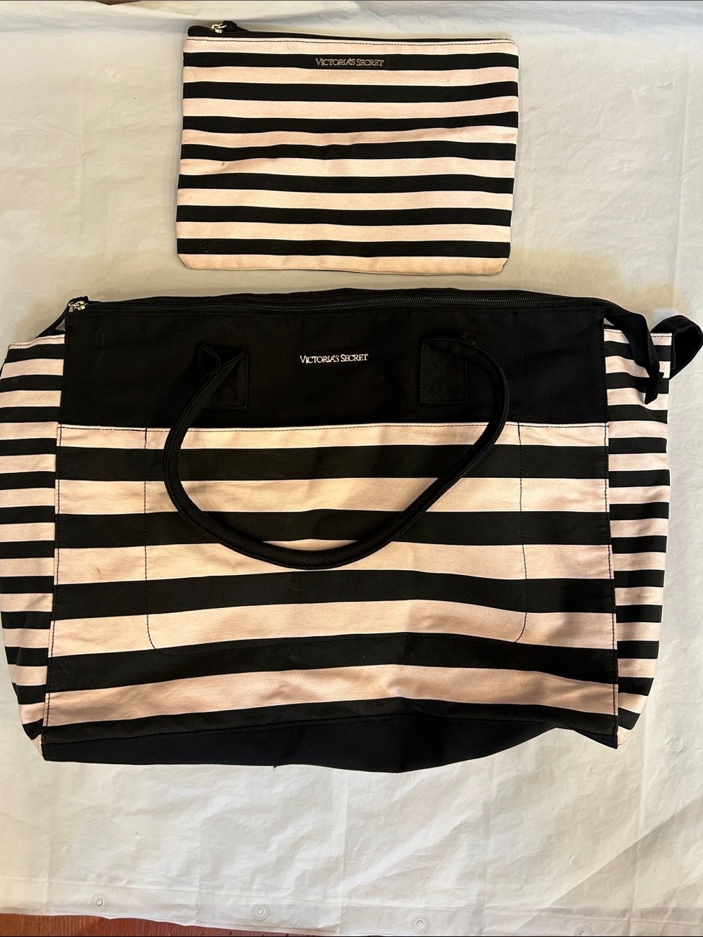 Victoria's Secret Black and Light Pink Striped Tote with Matching Pouch